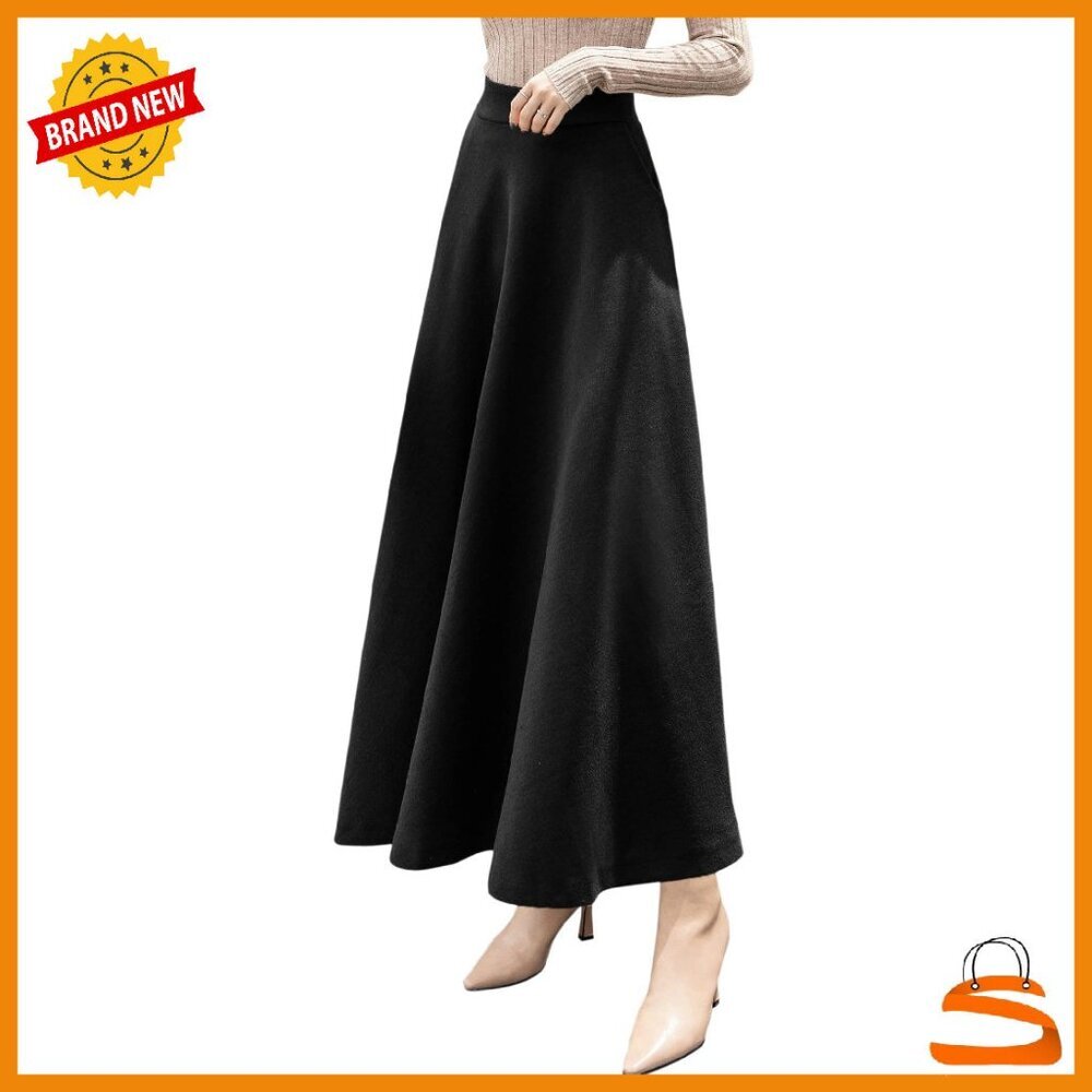 Wool Blend A-Line Maxi Skirt High Waist Flowy Pleated Casual